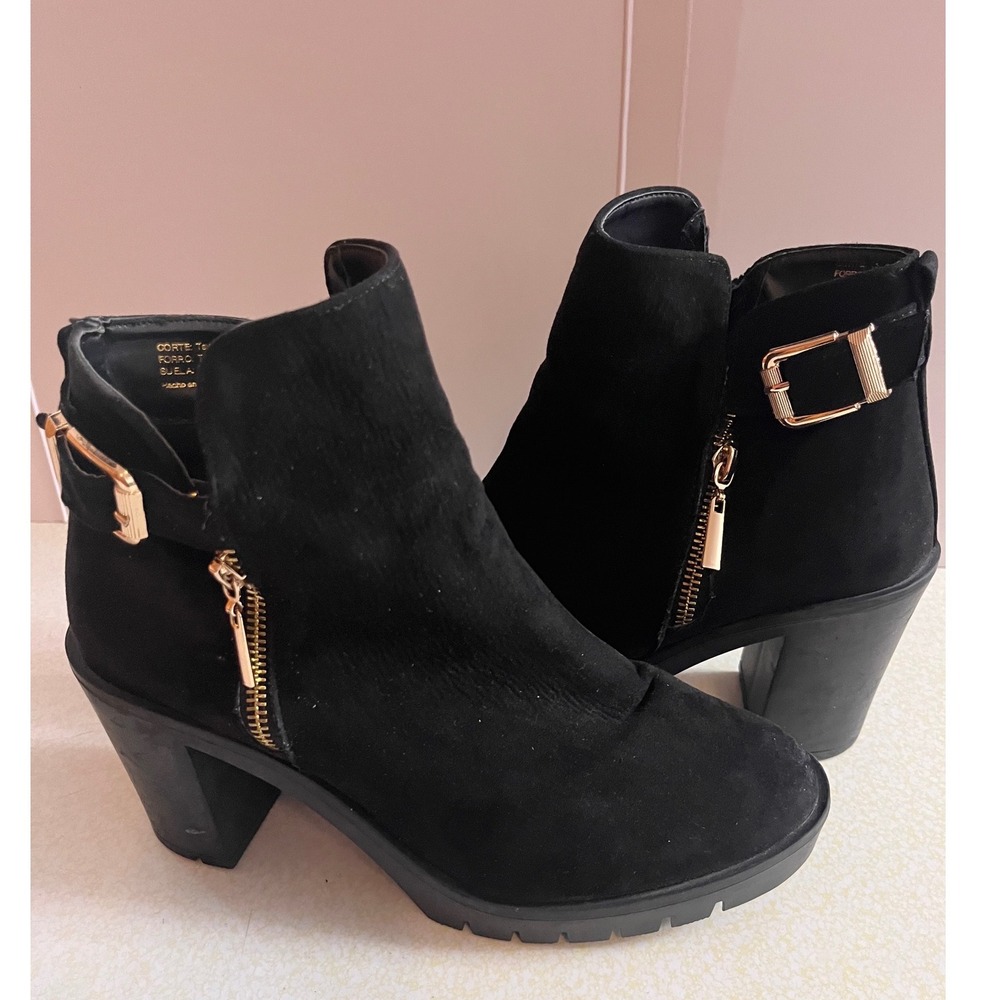 Sahara Womens Black Faux Suede Ankle Boots Gold Buckle Block Heel Size 7 women's